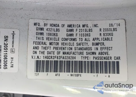 2015 Honda Accord Ex-L из США, поврежденный, VIN 1HGCR2F82FA028284